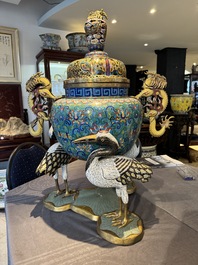 A pair of large and impressive Chinese cloisonn&eacute; 'dragons and cranes' censers and covers, 19/20th C.