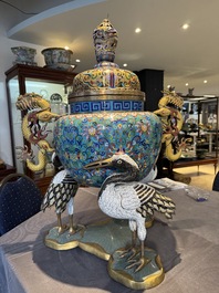 A pair of large and impressive Chinese cloisonn&eacute; 'dragons and cranes' censers and covers, 19/20th C.