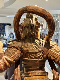 A large Chinese polychrome-lacquered wooden figure of a Guardian King, 18/19th C.