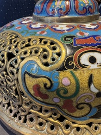 A pair of large and impressive Chinese cloisonn&eacute; 'dragons and cranes' censers and covers, 19/20th C.