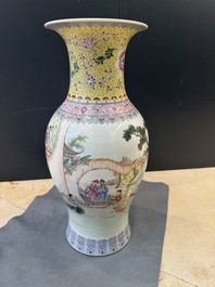 Three Chinese famille rose vases and a famille verte 'cong' vase, Qianlong mark, 20th C.