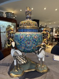 A pair of large and impressive Chinese cloisonn&eacute; 'dragons and cranes' censers and covers, 19/20th C.