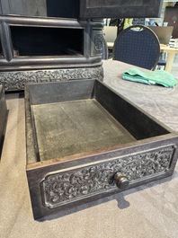 A Chinese zitan wood 'duo bao ge' cabinet of curiosities with carved floral design, 19th C.