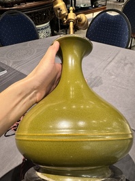 A Chinese monochrome teadust-glazed vase mounted as a lamp, 18/19th C.