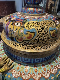 A pair of large and impressive Chinese cloisonn&eacute; 'dragons and cranes' censers and covers, 19/20th C.