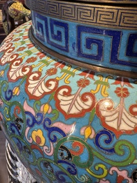 A pair of large and impressive Chinese cloisonn&eacute; 'dragons and cranes' censers and covers, 19/20th C.