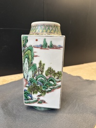 Three Chinese famille rose vases and a famille verte 'cong' vase, Qianlong mark, 20th C.