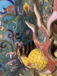 A pair of large and impressive Chinese cloisonn&eacute; 'dragons and cranes' censers and covers, 19/20th C.