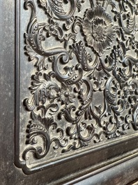 A Chinese zitan wood 'duo bao ge' cabinet of curiosities with carved floral design, 19th C.