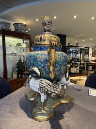 A pair of large and impressive Chinese cloisonn&eacute; 'dragons and cranes' censers and covers, 19/20th C.