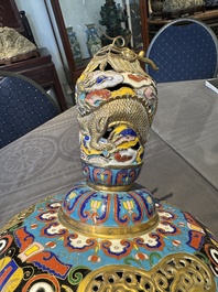 A pair of large and impressive Chinese cloisonn&eacute; 'dragons and cranes' censers and covers, 19/20th C.