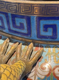A pair of large and impressive Chinese cloisonn&eacute; 'dragons and cranes' censers and covers, 19/20th C.