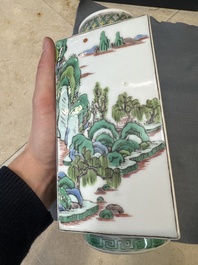 Three Chinese famille rose vases and a famille verte 'cong' vase, Qianlong mark, 20th C.