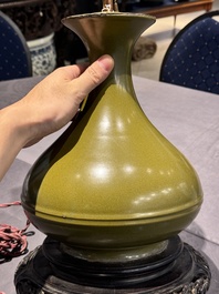 A Chinese monochrome teadust-glazed vase mounted as a lamp, 18/19th C.