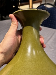 A Chinese monochrome teadust-glazed vase mounted as a lamp, 18/19th C.