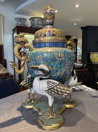 A pair of large and impressive Chinese cloisonn&eacute; 'dragons and cranes' censers and covers, 19/20th C.