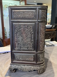 A Chinese zitan wood 'duo bao ge' cabinet of curiosities with carved floral design, 19th C.