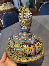 A pair of large and impressive Chinese cloisonn&eacute; 'dragons and cranes' censers and covers, 19/20th C.