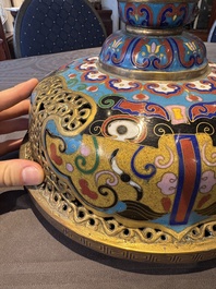 A pair of large and impressive Chinese cloisonn&eacute; 'dragons and cranes' censers and covers, 19/20th C.