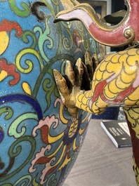 A pair of large and impressive Chinese cloisonn&eacute; 'dragons and cranes' censers and covers, 19/20th C.