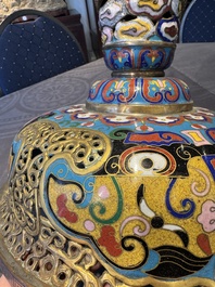 A pair of large and impressive Chinese cloisonn&eacute; 'dragons and cranes' censers and covers, 19/20th C.
