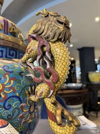 A pair of large and impressive Chinese cloisonn&eacute; 'dragons and cranes' censers and covers, 19/20th C.