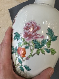 Three Chinese famille rose vases and a famille verte 'cong' vase, Qianlong mark, 20th C.