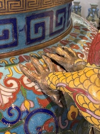 A pair of large and impressive Chinese cloisonn&eacute; 'dragons and cranes' censers and covers, 19/20th C.