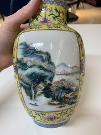 A Chinese famille rose yellow-ground lantern-shaped 'landscape' vase, Qianlong mark, Republic