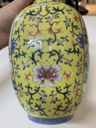 A Chinese famille rose yellow-ground lantern-shaped 'landscape' vase, Qianlong mark, Republic