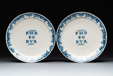 A set of eight blue and white Dutch Delft marriage plates, inscribed 'P:H:D en D:Y:B', dated 1750