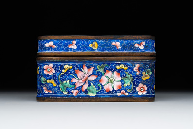 A Chinese Canton enamel dish and a rectangular covered box, 19th C.