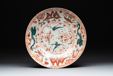 Two Chinese Swatow iron-red and green-enamelled 'phoenix' dishes and a vase, Ming
