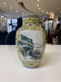 A Chinese famille rose yellow-ground lantern-shaped 'landscape' vase, Qianlong mark, Republic