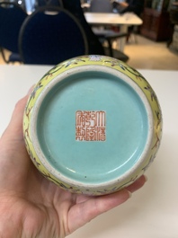 A Chinese famille rose yellow-ground lantern-shaped 'landscape' vase, Qianlong mark, Republic
