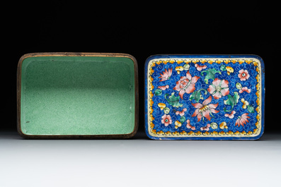 A Chinese Canton enamel dish and a rectangular covered box, 19th C.