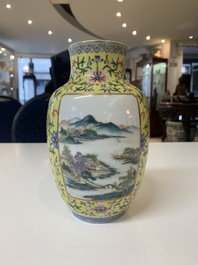 A Chinese famille rose yellow-ground lantern-shaped 'landscape' vase, Qianlong mark, Republic
