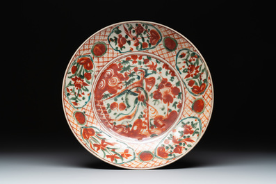 Two Chinese Swatow iron-red and green-enamelled 'phoenix' dishes and a vase, Ming