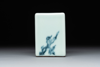 A Chinese blue and white celadon-ground square brush pot, Qianlong mark, 19/20th C.