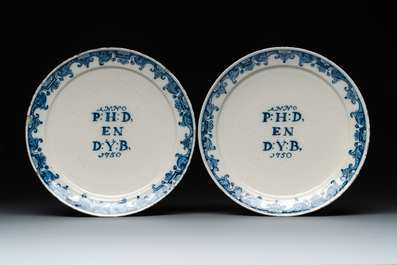 A set of eight blue and white Dutch Delft marriage plates, inscribed 'P:H:D en D:Y:B', dated 1750
