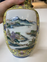 A Chinese famille rose yellow-ground lantern-shaped 'landscape' vase, Qianlong mark, Republic