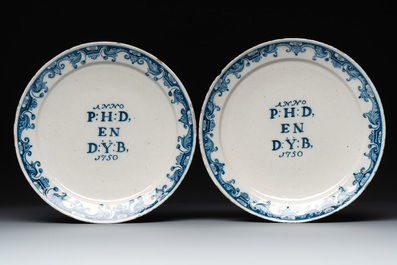 A set of eight blue and white Dutch Delft marriage plates, inscribed 'P:H:D en D:Y:B', dated 1750