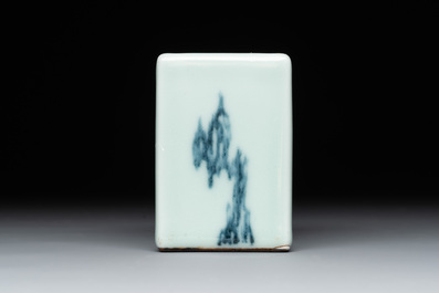 A Chinese blue and white celadon-ground square brush pot, Qianlong mark, 19/20th C.