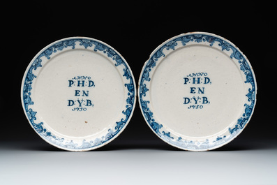 A set of eight blue and white Dutch Delft marriage plates, inscribed 'P:H:D en D:Y:B', dated 1750