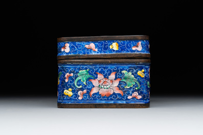 A Chinese Canton enamel dish and a rectangular covered box, 19th C.