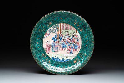 A Chinese Canton enamel dish and a rectangular covered box, 19th C.