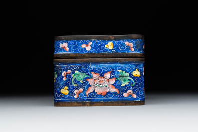 A Chinese Canton enamel dish and a rectangular covered box, 19th C.