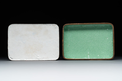A Chinese Canton enamel dish and a rectangular covered box, 19th C.