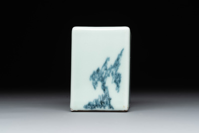 A Chinese blue and white celadon-ground square brush pot, Qianlong mark, 19/20th C.