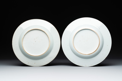 A pair of Chinese famille verte blue-ground 'landscape' plates, Kangxi/Yongzheng